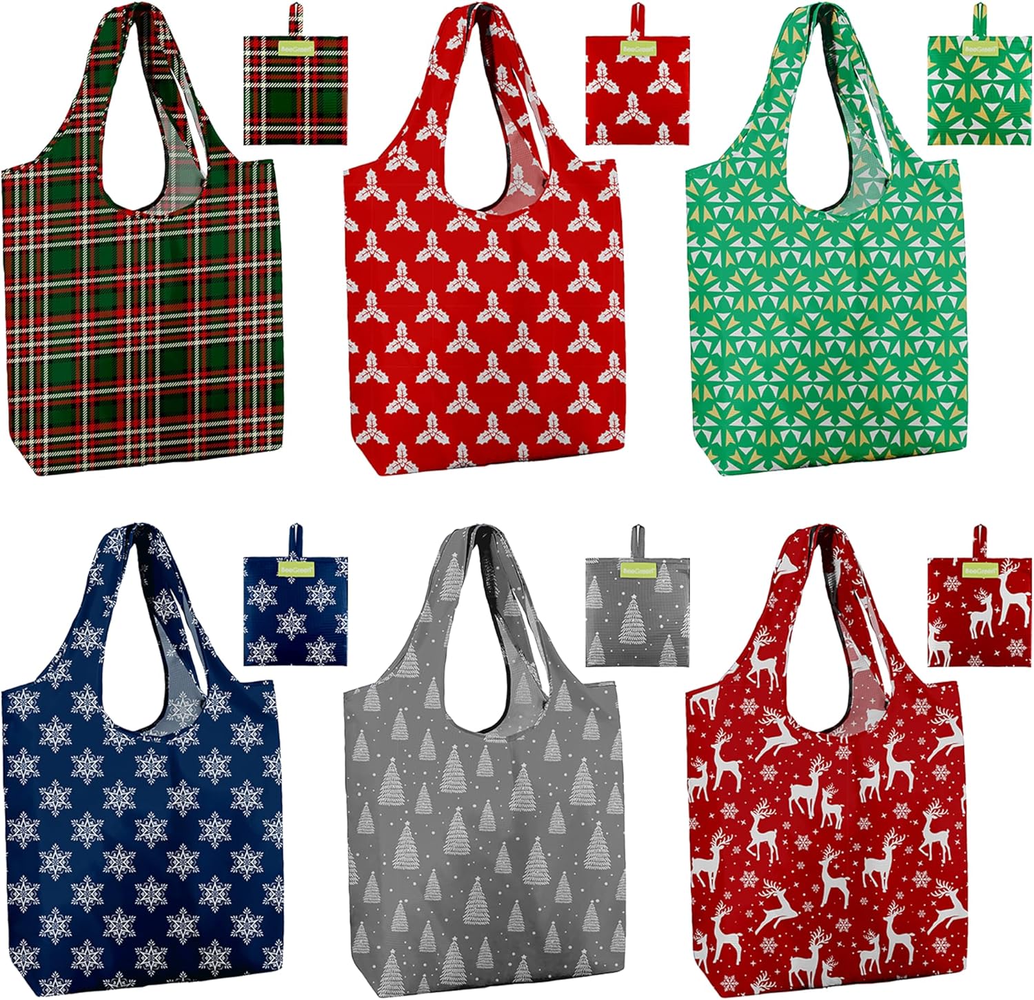 BeeGreen Christmas Reusable Gift Bags,6 Pack Large Holiday Tote Foldable Cloth Bag for Women, Cute Grocery Storage for Xmas Gifts Market Shopping, Washable Collapsible Reusable Bags with Handles